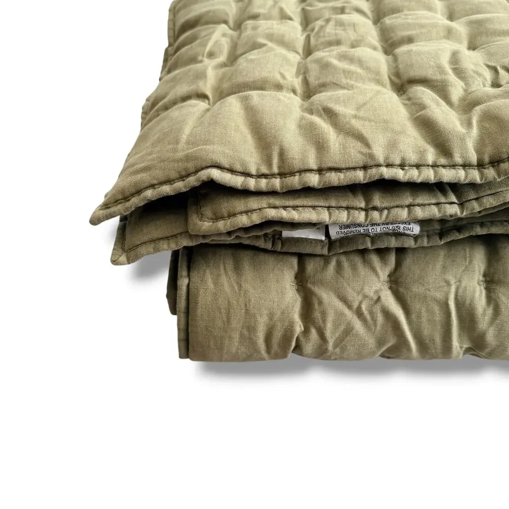 West Elm European Linen Lofty Tack Stitch Quilt King Size 92x108 Olive Green